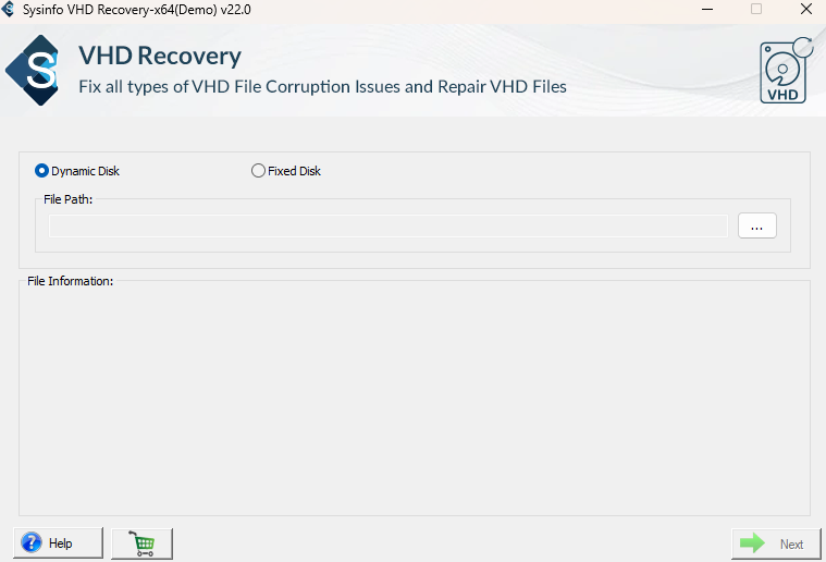 Launch the VHD File Repair Tool and choose Fixed or Dynamic disk type. 