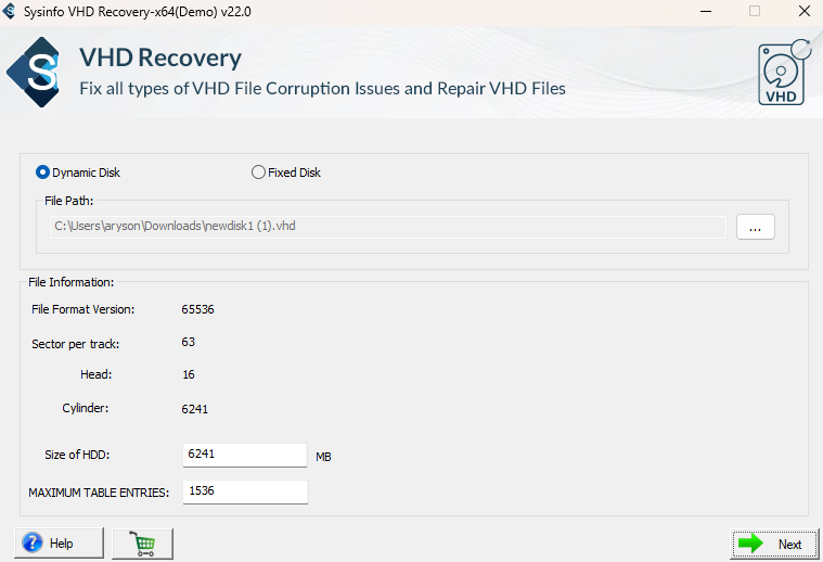 Then, click (...) and add your VHD file and check its information. Click Next. 