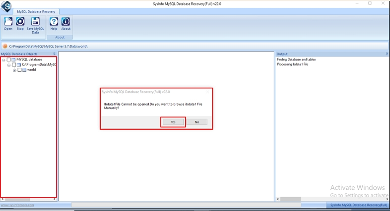 If the tool asks about the ibdata1 file and it’s missing, choose Yes to add it manually.