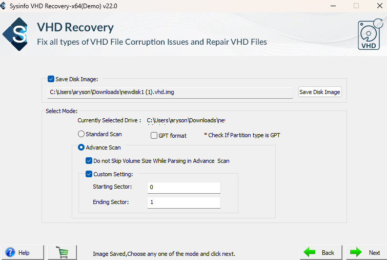 Further, choose how you want to save the disk image and pick recovery mode. Tap Next. 
