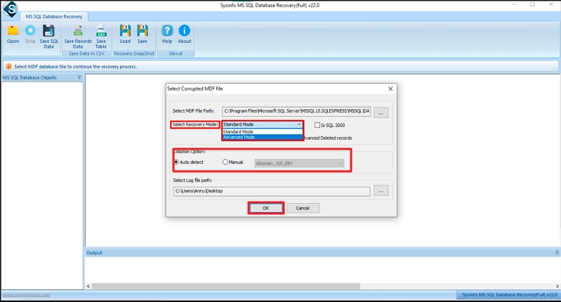 Further, choose the required recovery mode and collation, then click OK.