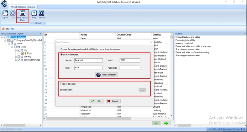 Click on Save MySQL Data and choose a database or a script file.